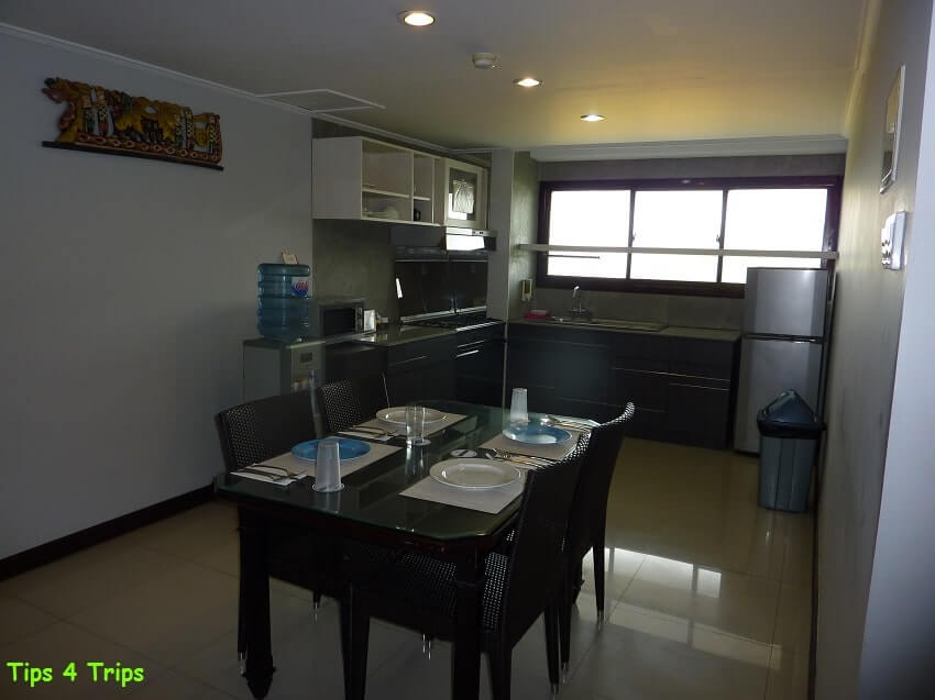 The kitchen and dining area in the two bedroom balcony suite at Sanur Paradise Plaza Suites