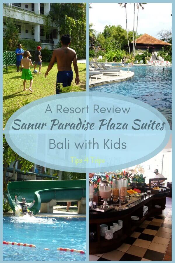 Four images of the Prime Plaza Suites Sanur - kids playing soccer, the wateslide, the kids pool and the Terrace Restaurant buffet breakfast