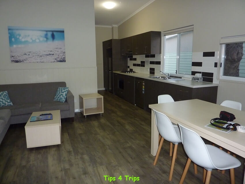 The living/dining room and kitchen of the two bedroom villa I am reviewing at the RAC Cervantes Holiday Park, Western Australia
