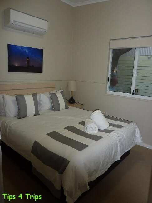 The main bedroom in the two bedroom villa I review at the RAC Cervantes Holiday Park review for a getaway to see Western Australia's Pinnacle Desert staying in the new two bedroom villa.