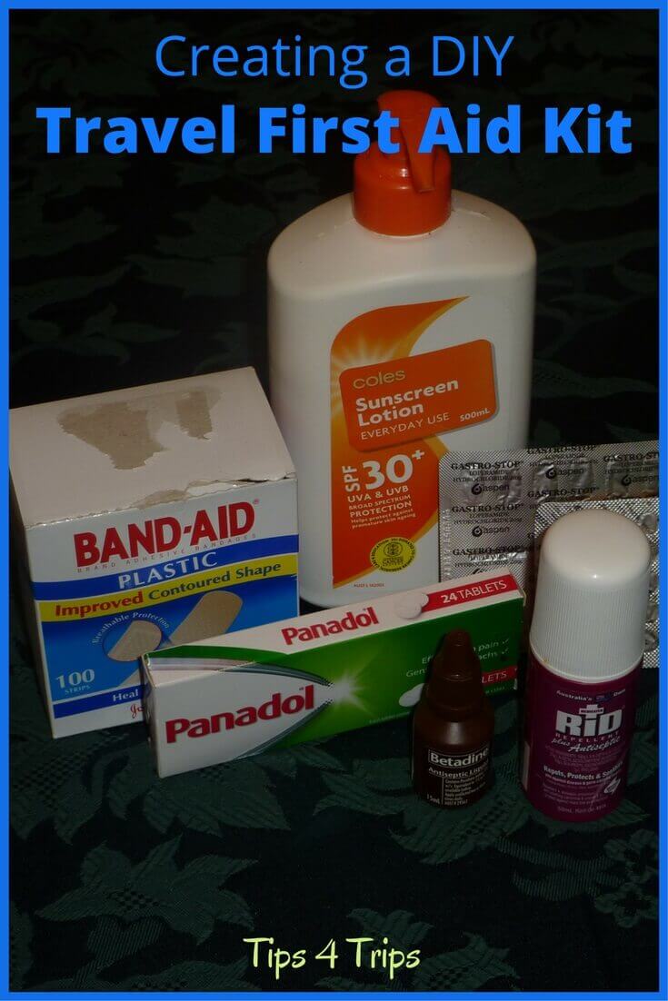 bandaids, panodol, betadine, and immodium all part of a DIY travel medical kit