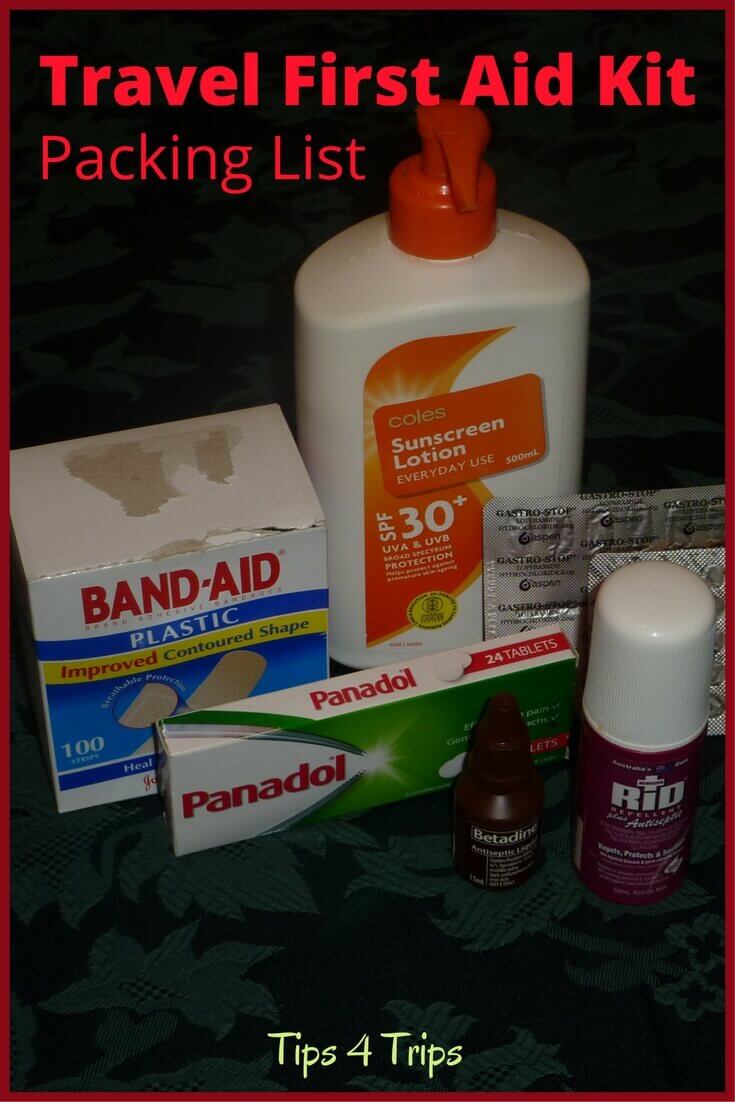 backaids, paracetmol, sunscreen, insect repellant and betadine all part of a DIY first aid travel kit