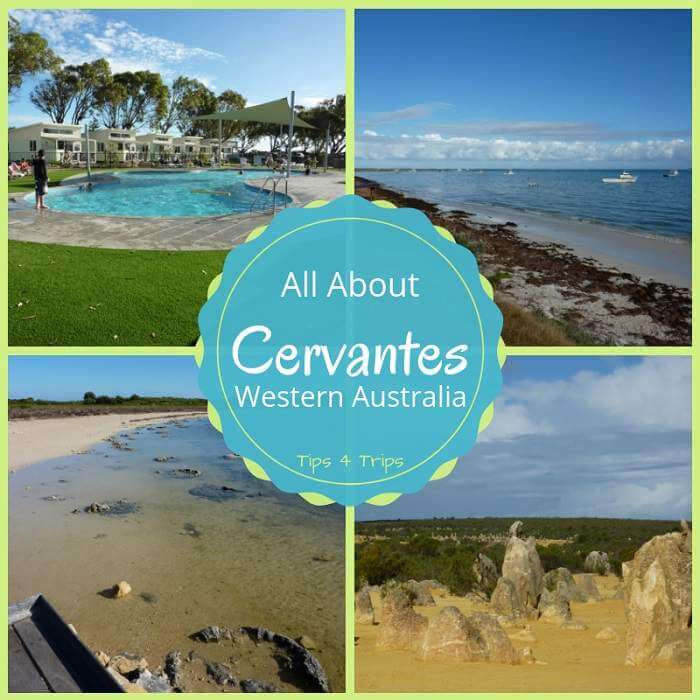 four collage image of things to do in cervantes wa including the caravan park, cervantes beach, lake thetis and the pinnacles desert
