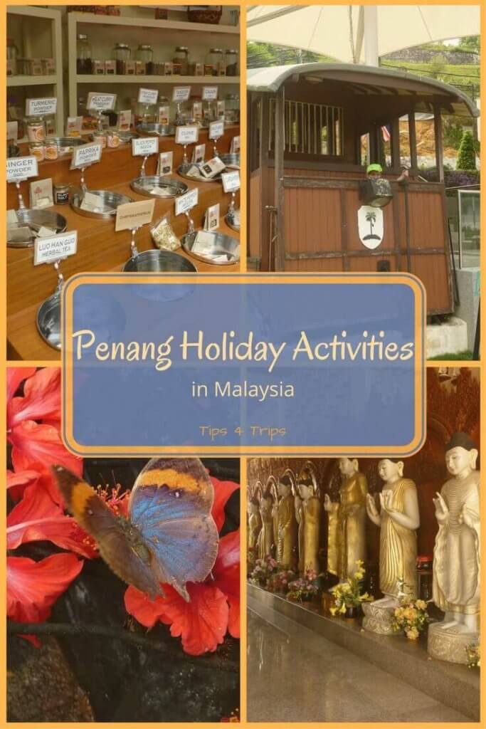 Four thingst o do in Penang Malaysia including twmples, spice garden, penang Hill and Butterfly farm