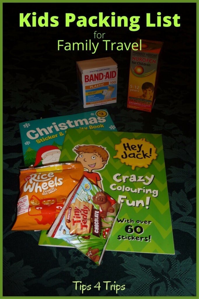 snacks, colouring books and medical first aid all essentials for kids travel packing