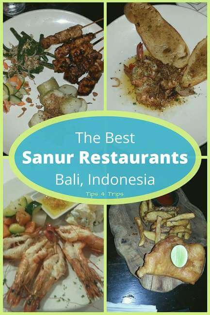 Four dishes from the best Sanur restaurants: butterfly prawns, fish and chips, satay sticks and garlic prawns