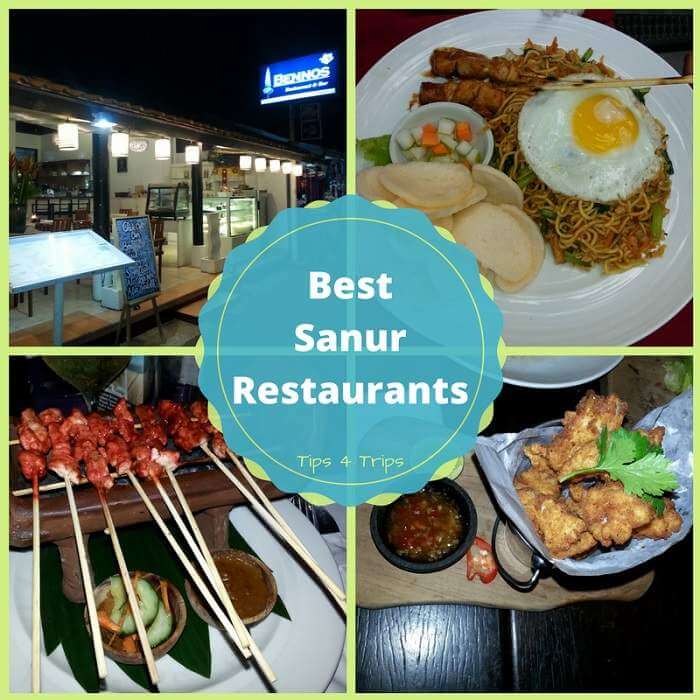 Four dishes found at the best restaurants in Sanur, Bali including: satay sticks, nasi goreng, grilled squid