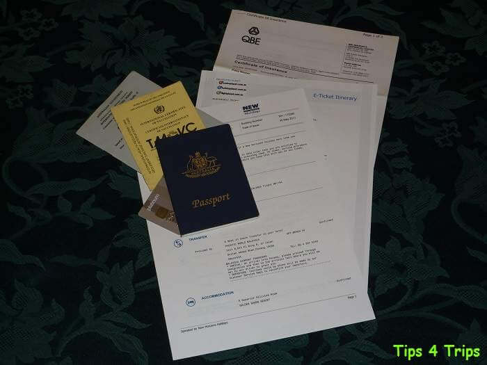 E tickets, travel insurance Vaccination certificate, international driver's license and passport on the list travel documents