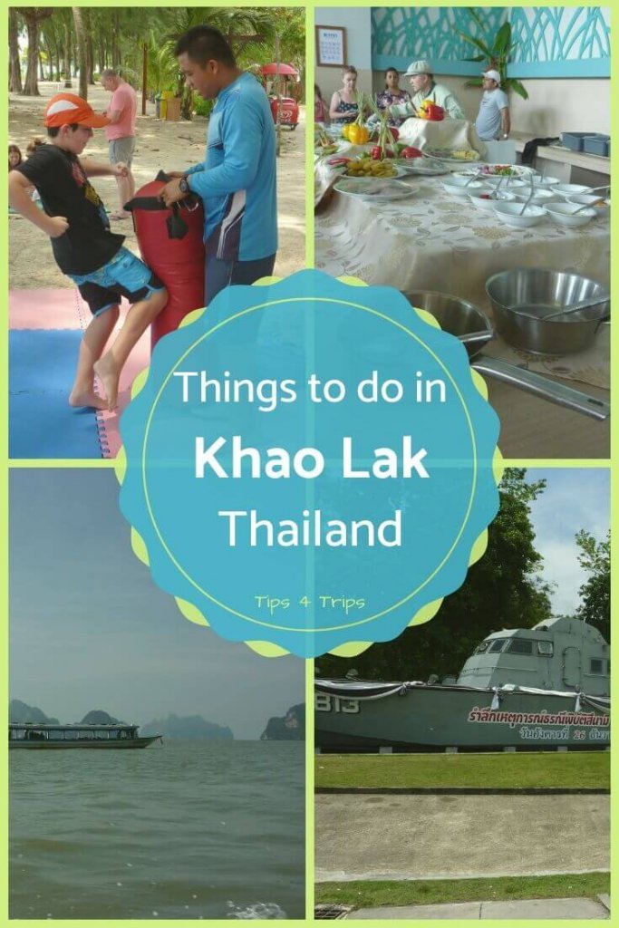 Four images of things to do in Kaho Lak including Mu Thai boxing, Tsunami museum, Phang Nga bay tour, Thai cooking lesson