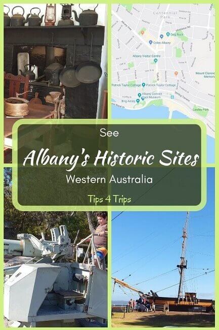 Four images historic Albany pictures, a map, the convict gaol kitchen, the Brig Amity boat, military guns