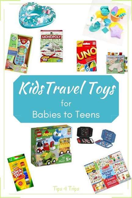 A selction of travel toys for kids including grab & go, inflatables sand toys, duplo, cryaons and books