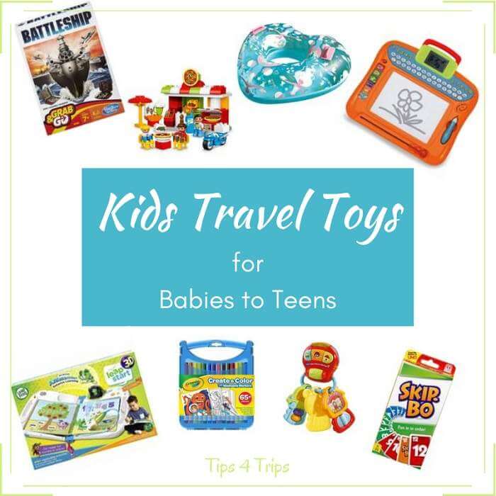 A selction of travel toys for babies, toddlers and teens including Grab & Go, magnetic travel toy, cards, inflatables and lego