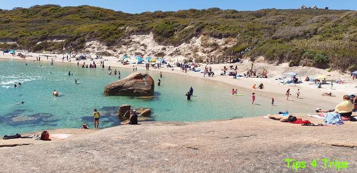 Lots of people swimming at the Greens Pool beach South west Australia