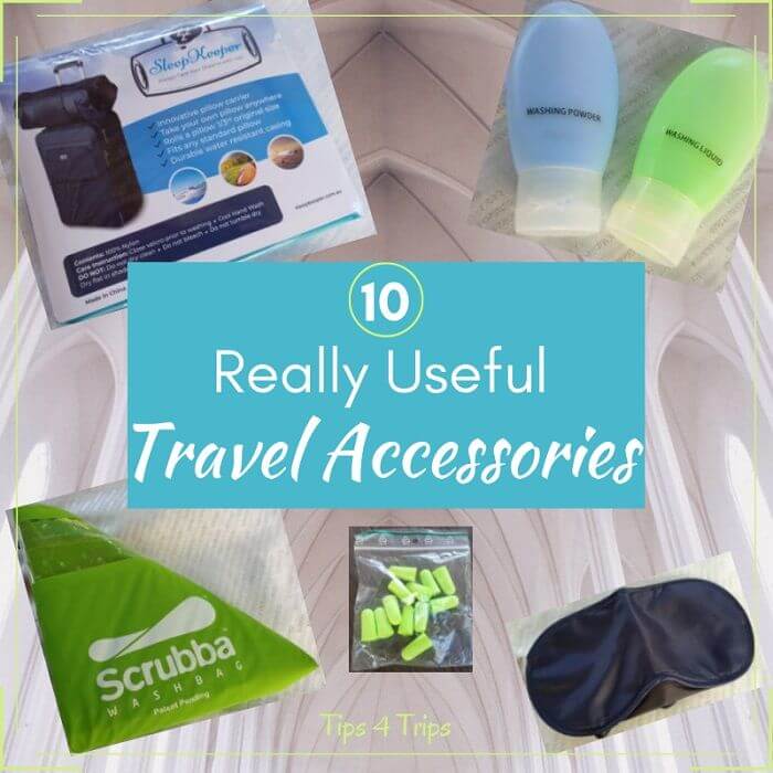 A selction of useful travel accessories including the Sleep Keeper, travel bottles, Srubba wash bag, ear plugs and eye mask