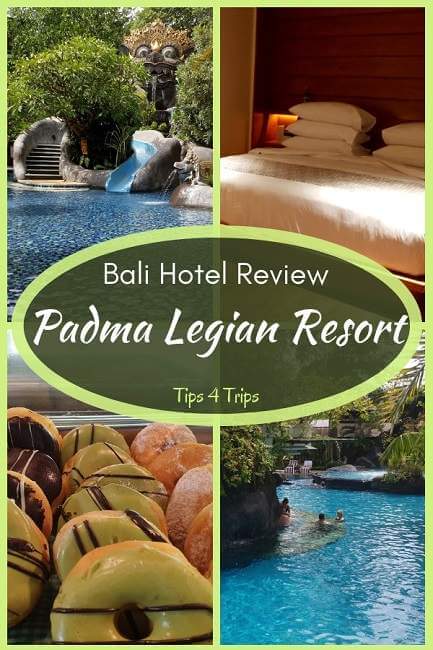 Pinterest 4 image collage showing the water slide, room, doughnuts and laggon pool from teh Padma legian Resort reviews