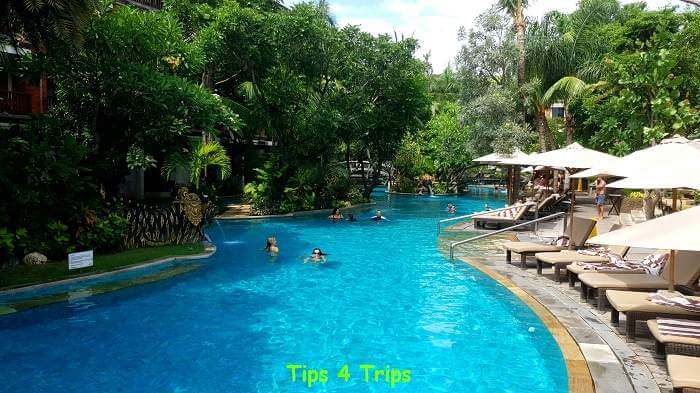 The long winding Padma lagoon pool surrounded by tropical trees