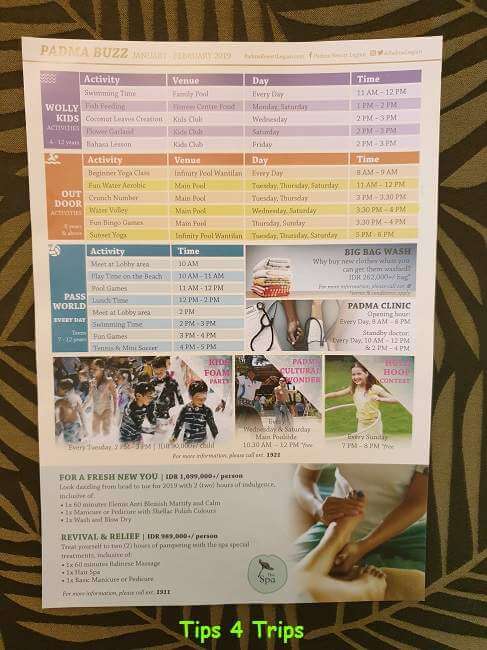 A timetable of the Padma Legian activities