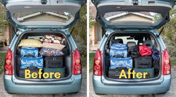 Two images of a car boot filled with luggage one before and one after showing less space used with the use of a Sleep Keeper