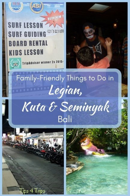 Pinterest four image collage with text overlay saying family-friendly thigns to do in Legian, Kuta and Seminyak Bali