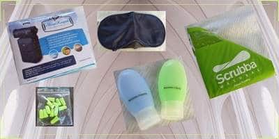 five things to make travel easier including Sleep Keeper, travel bottles, scrubba, ear plugs and eye mask