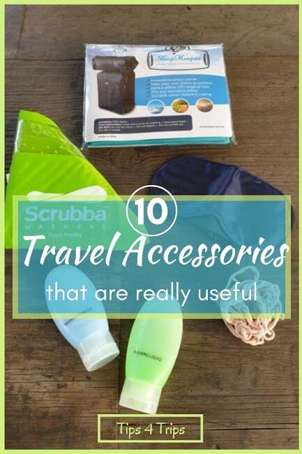 Pinterest Images showing five useful travel items including travel bottles, scrubba, eye mask, ear plugs, Sleep Keeper