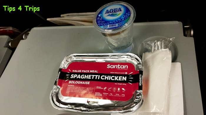 Air Asia value pack meal of chicken bolognese and cup of water