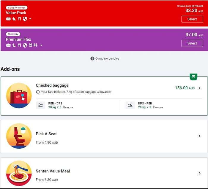 screen shot of the Air Asia add-ons booking