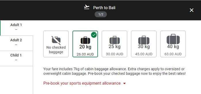 screen shot of the differnt luggage amounts to add to AirAsia booking