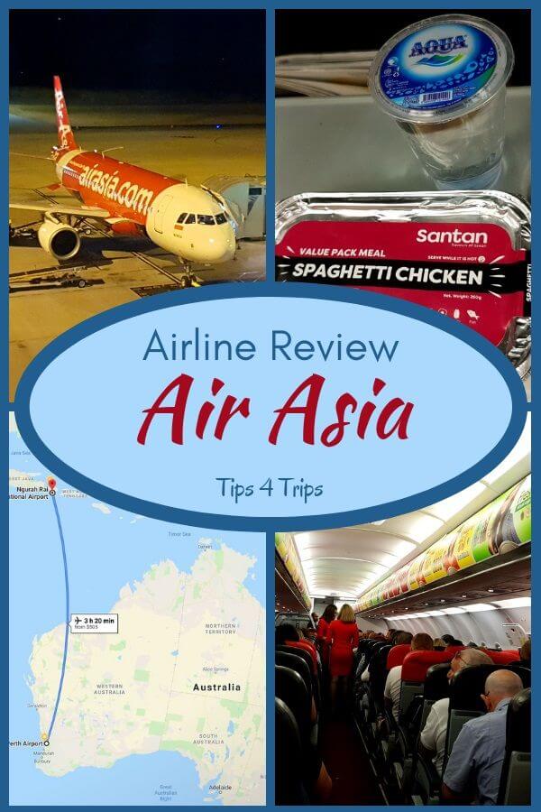 Four image collage of Air Asia plane, meal, route and interior