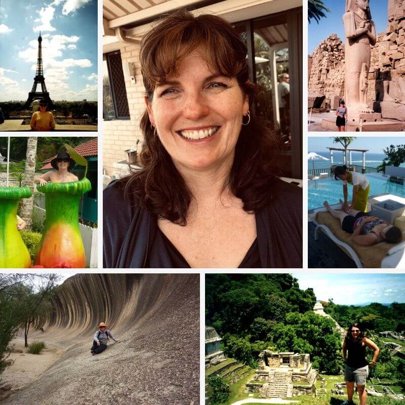 A collage of photos of sally's travel