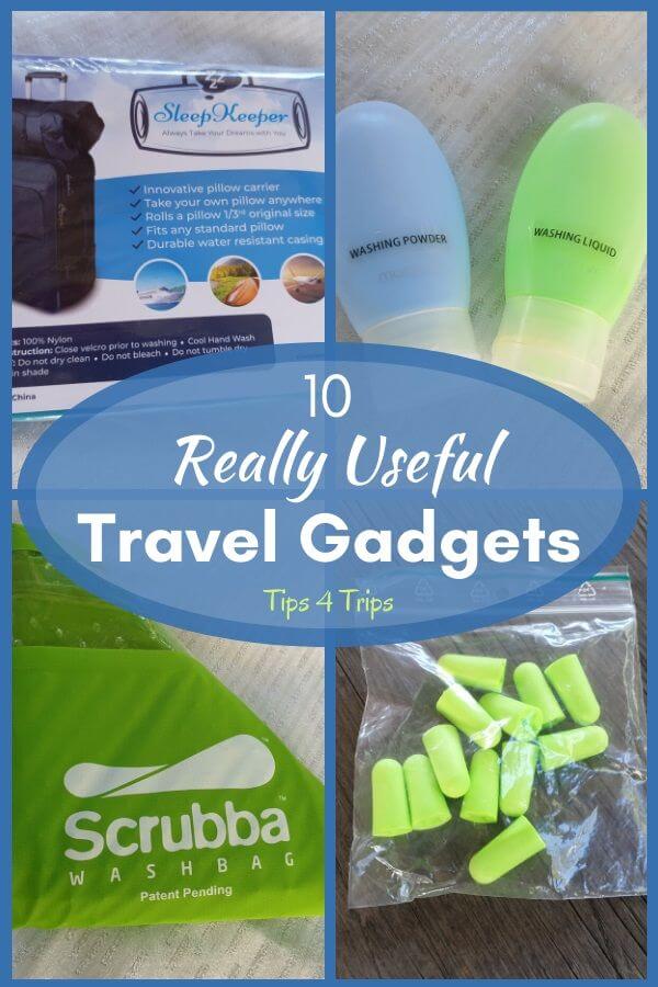 a pinterest image collage of four useful travel accessories