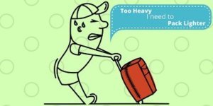 animated man trying to pull heavy luggage wishing he had packed less for travel