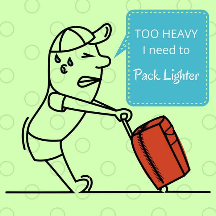 animated picture of man pulling a heavy red suitcase saying I need to pack lighter