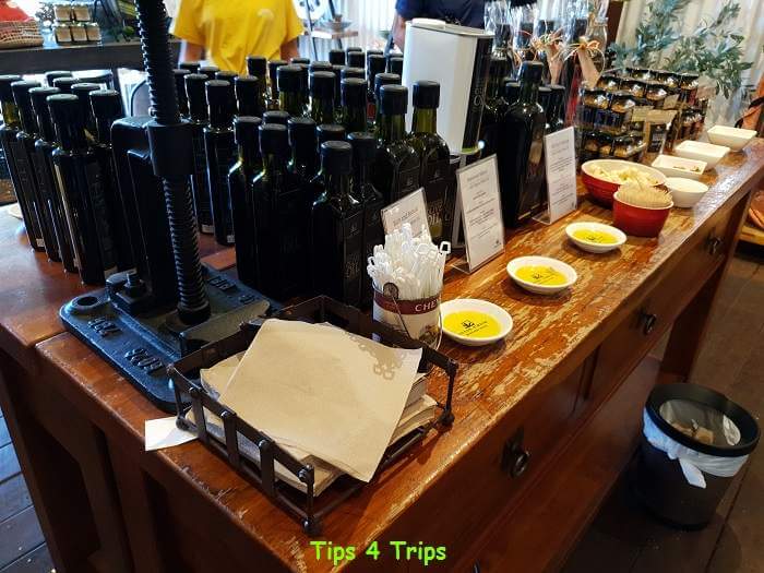 table with bottles of olive oils at Vasse Olives