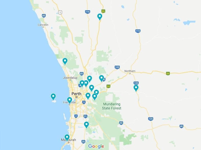 Map of Perth and out areas with markings for Perth day trip locations