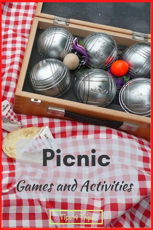 A bocce set on a red checked picnic blanket a perfect picnic actvitity