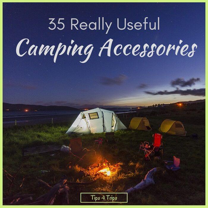 tents around campfire with useful camping accessories