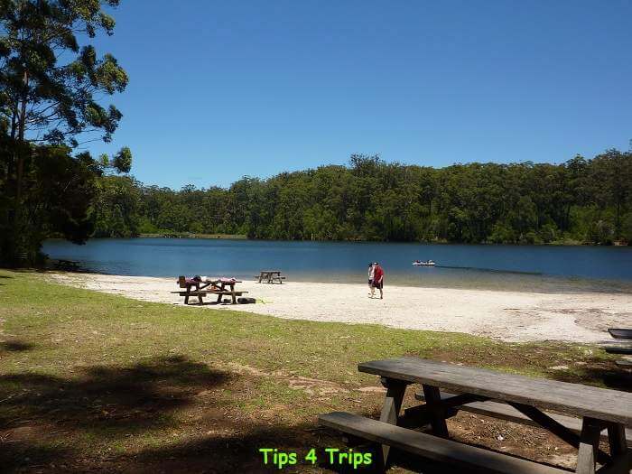 picnic tables and sandy beach at a Big Brook Dam, Pemberton WA
