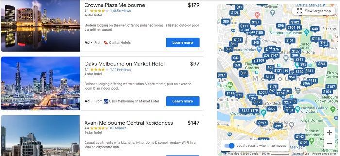 search results when looking for travel accommodation