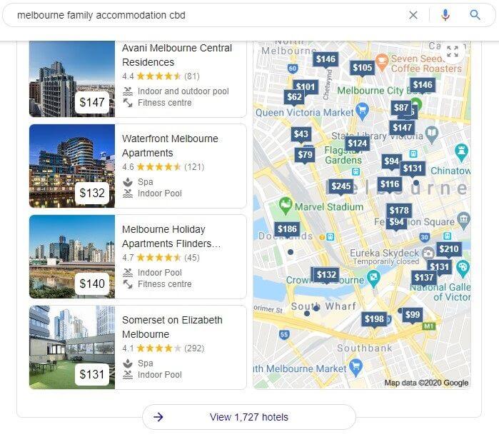 Search results for travel accommodations with a map