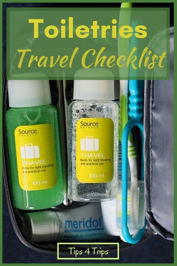 Travel toiletries and toothbrush in a toiletry bag