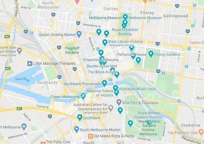map of the location of melbourne CBD attractions