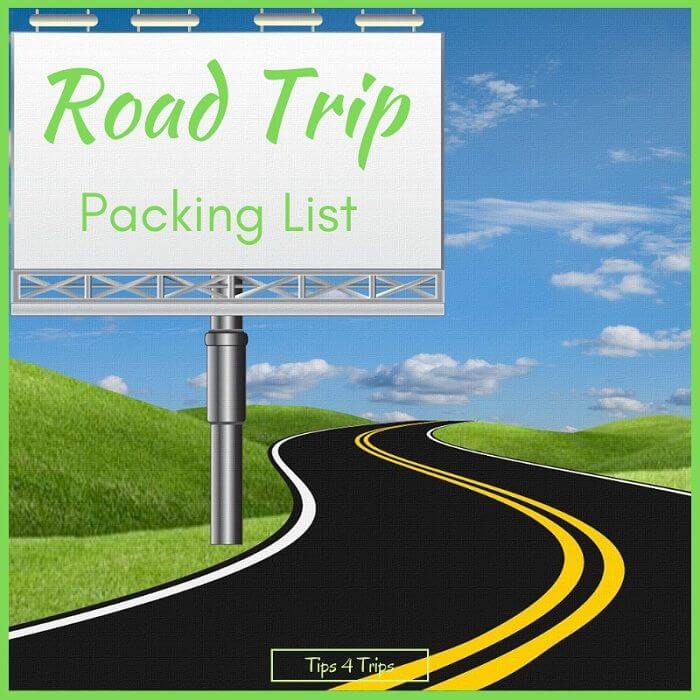 animated picture of a black road winding through green fields with a billboard sign saying road trip packing list