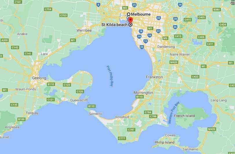 map of location of St Kilda in relation to Port Phillip Bay and Melbourne CBD