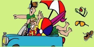 animated image of two people in a car with summer beach accessories