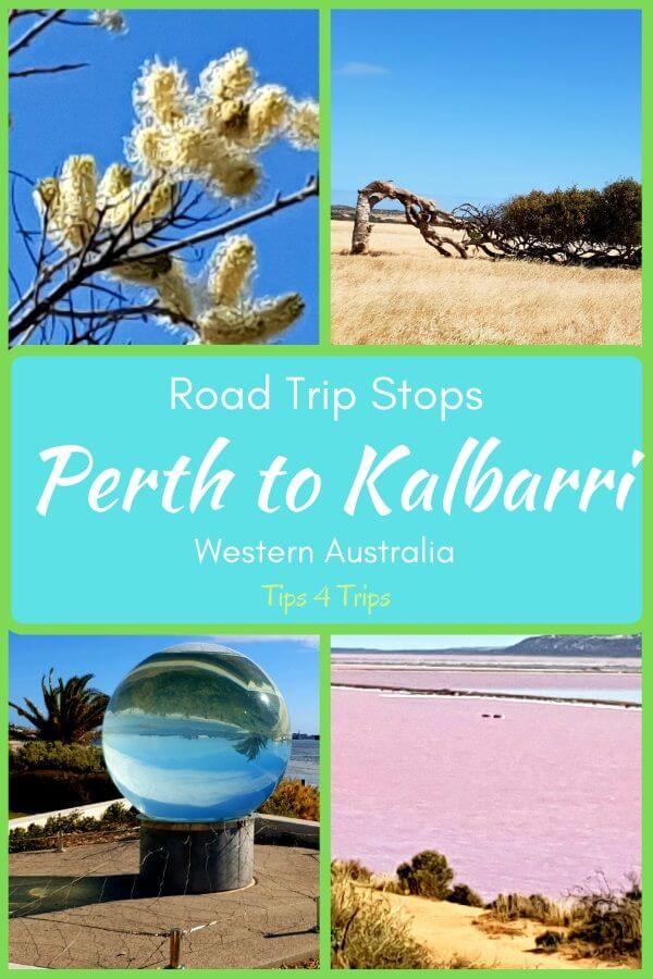 Pinterest four image collage of Road trip stops from Perth to Kalbarri