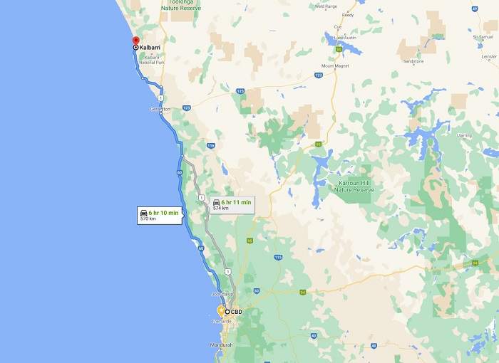 A map of the Perth to Kalbarri road trip choices