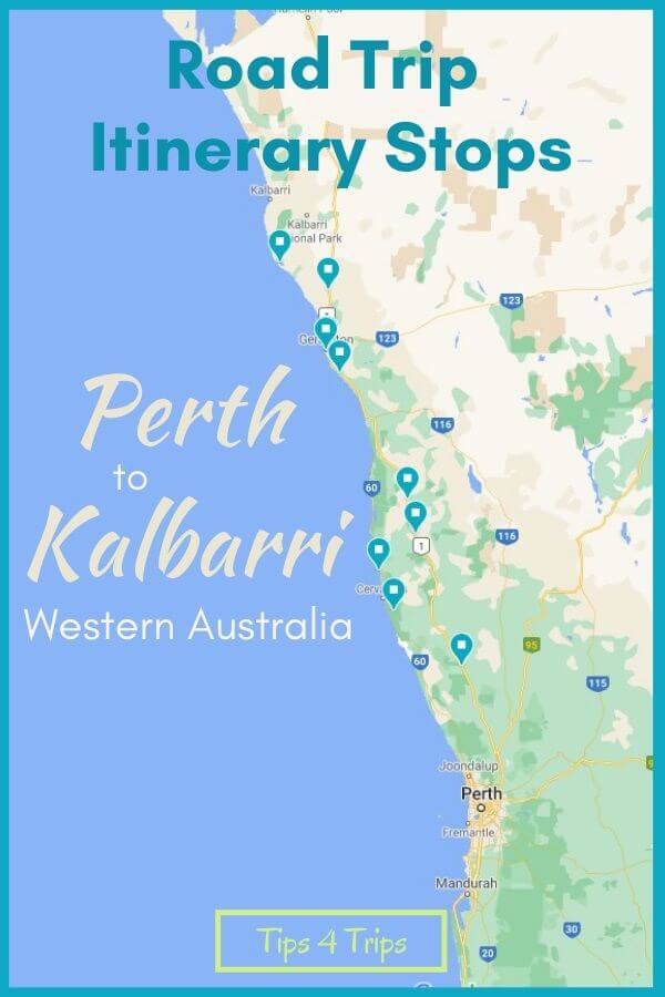 Perth to Kalbarri road trip map with stops for the itinerary