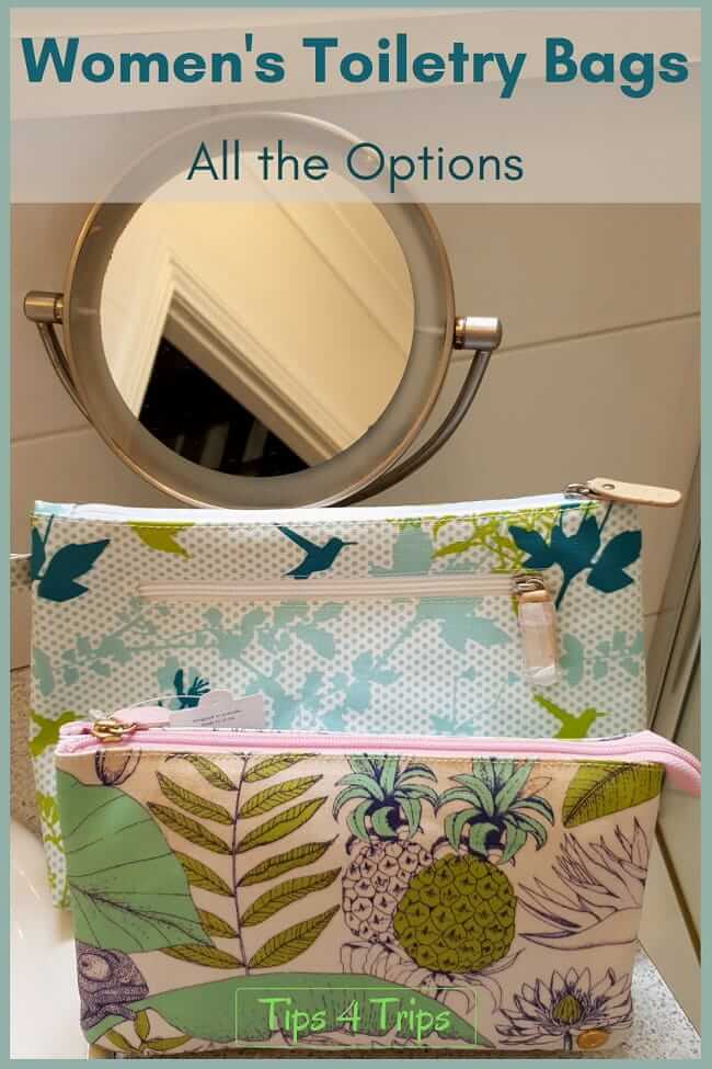 two toiletry bags for women in front of a makeup mirror