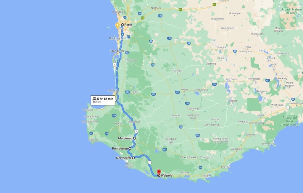 Map of the route from Perth to Manjimup, Pemberton, Northcliffe and Walpole